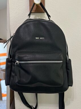 Nine West Black Textured Faux Leather Backpack with Silver Hardware